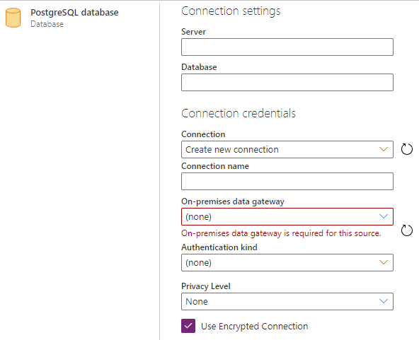 Snímek obrazovky s připojením PostgreSQL k Power Query online