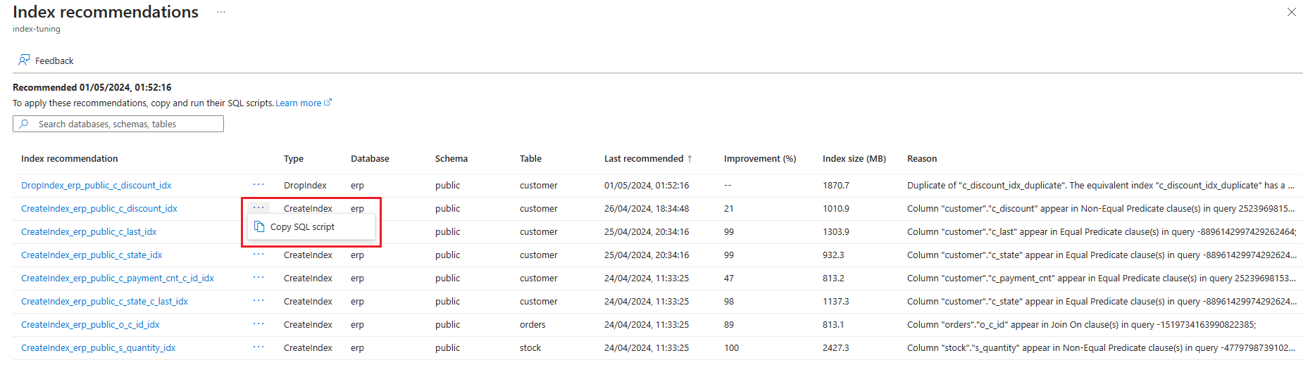 Snímek obrazovky, který ukazuje, jak zkopírovat příkaz SQL ze stránky Doporučení indexu