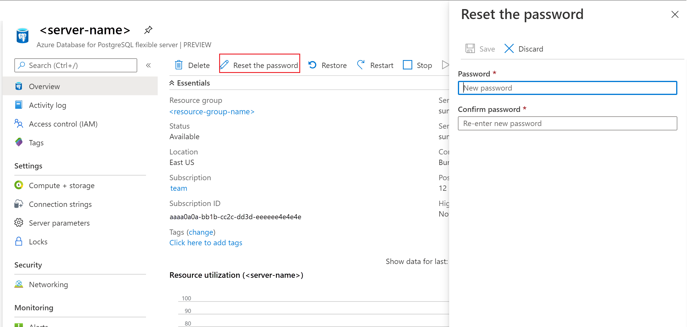 Resetujte heslo pro flexibilní server Azure Database for PostgreSQL.