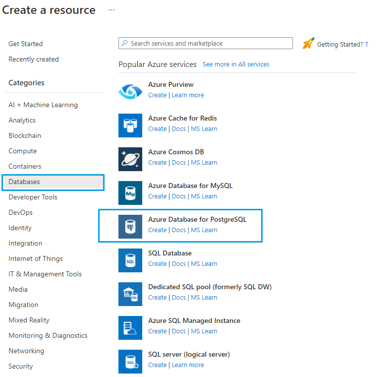 Nabídka Azure Database for PostgreSQL