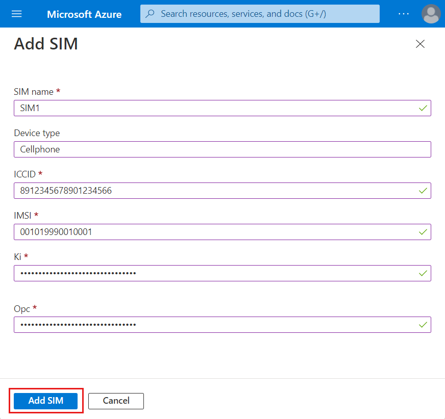 Snímek obrazovky webu Azure Portal zobrazující obrazovku Přidat SIM kartu