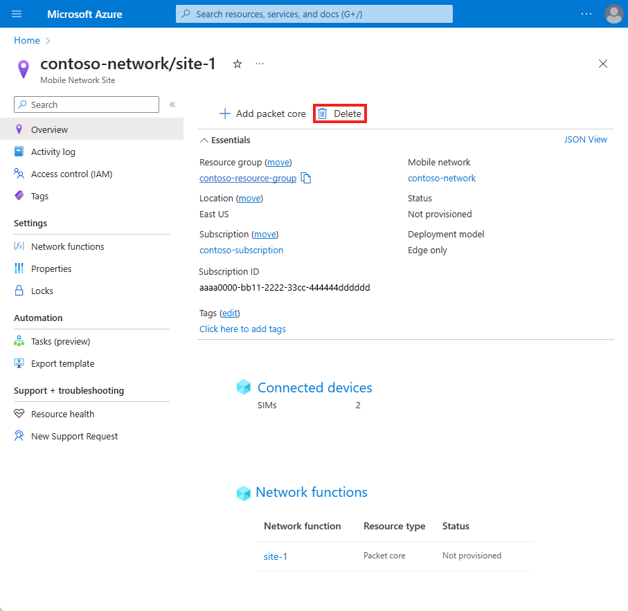 Screenshot of the Azure portal the delete button on the site overview.