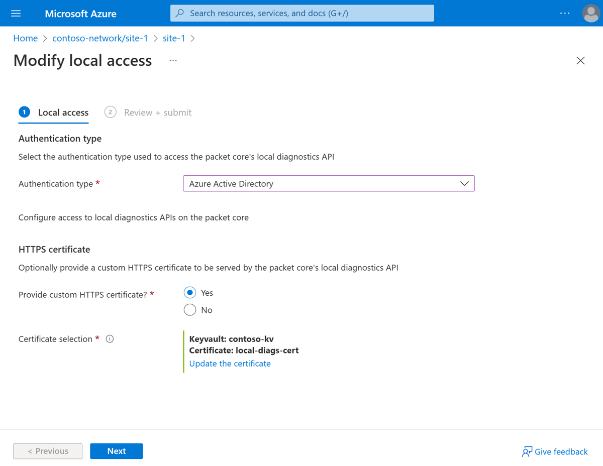 Snímek obrazovky webu Azure Portal s kartou Konfigurace místního přístupu