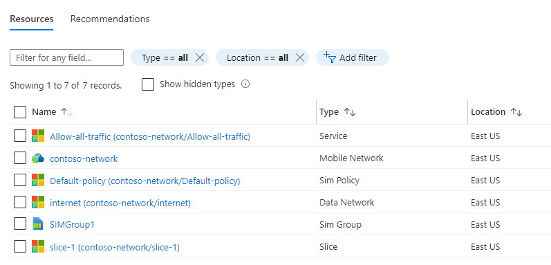 Snímek obrazovky webu Azure Portal zobrazující skupinu prostředků obsahující prostředky Mobile Network, SIM, SIM, Service, SIM policy, Data Network a Slice