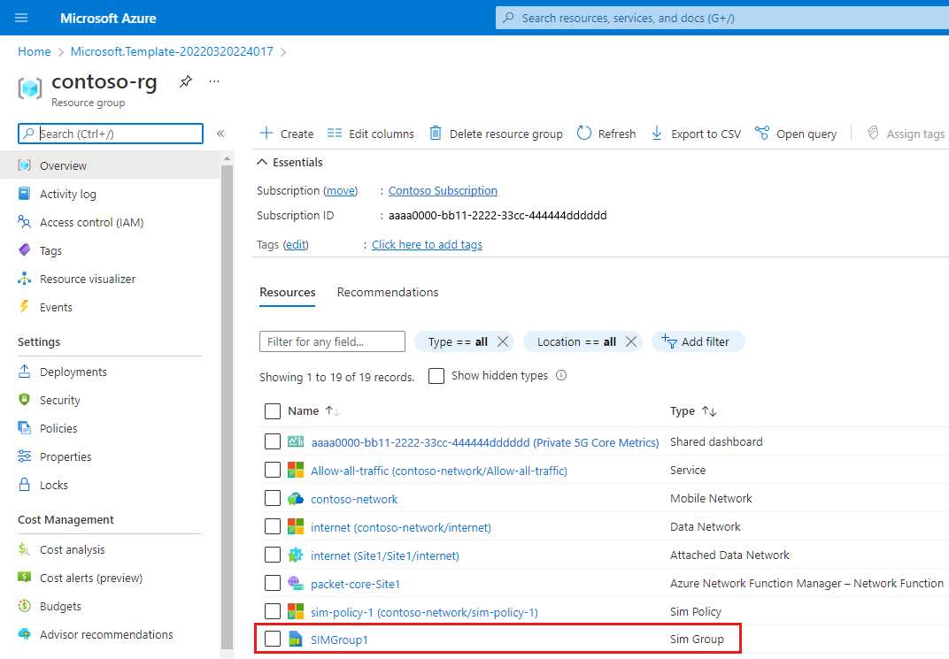 Snímek obrazovky webu Azure Portal zobrazující skupinu prostředků obsahující nově vytvořenou skupinu SIM