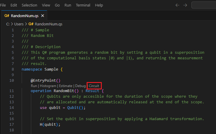 Snímek obrazovky se souborem Q# v editoru Visual Studio Code zobrazující, kde najít příkaz okruhu Lens kódu