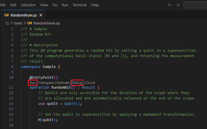 Snímek obrazovky se souborem Q# v editoru Visual Studio Code zobrazující, kde najít objektiv kódu s příkazy pro spuštění a ladění