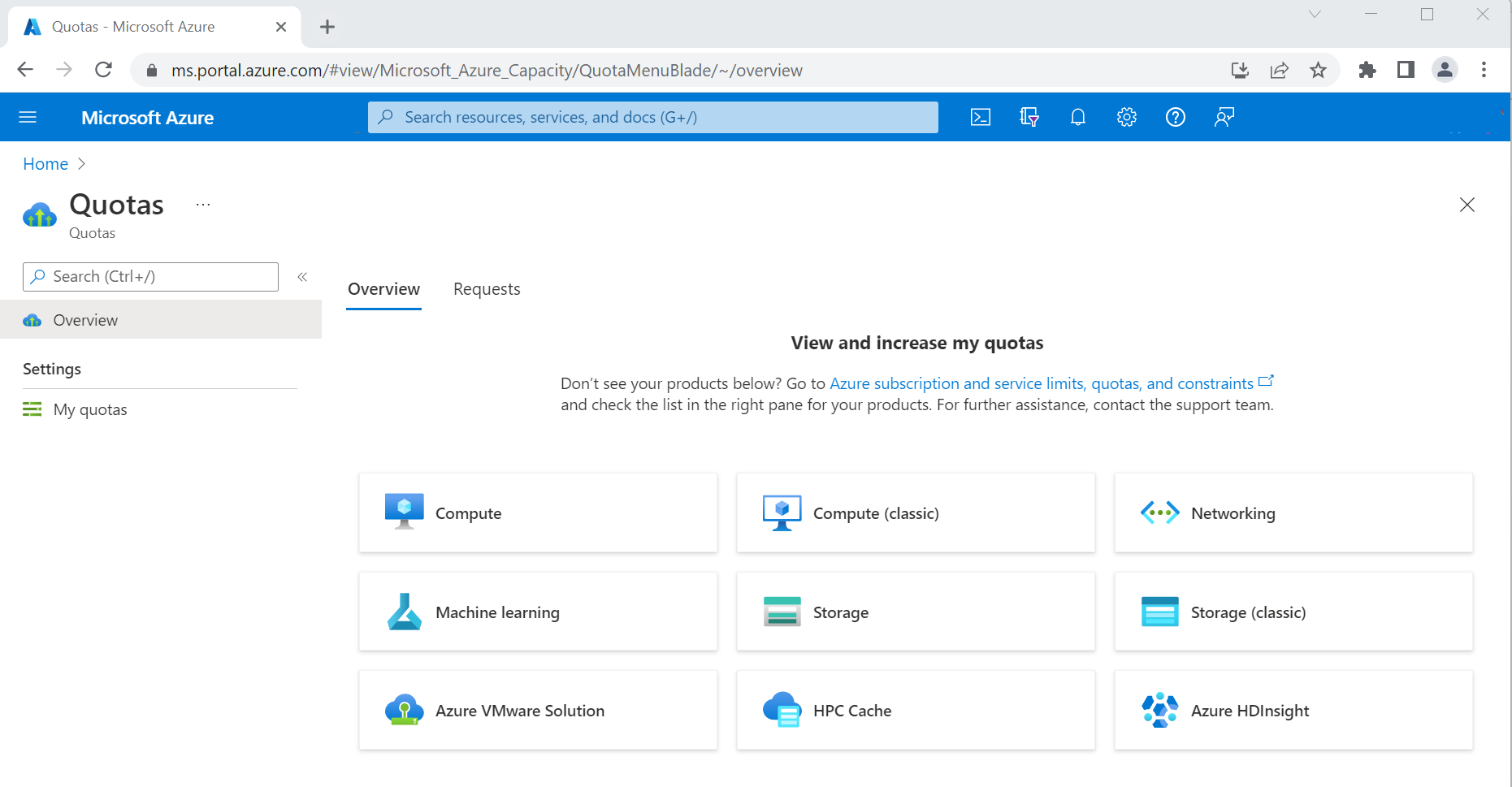 Snímek obrazovky se stránkou služby Kvóty na webu Azure Portal