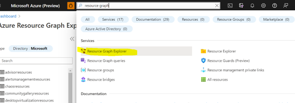 Snímek obrazovky Azure Resource Graph Exploreru na portálu