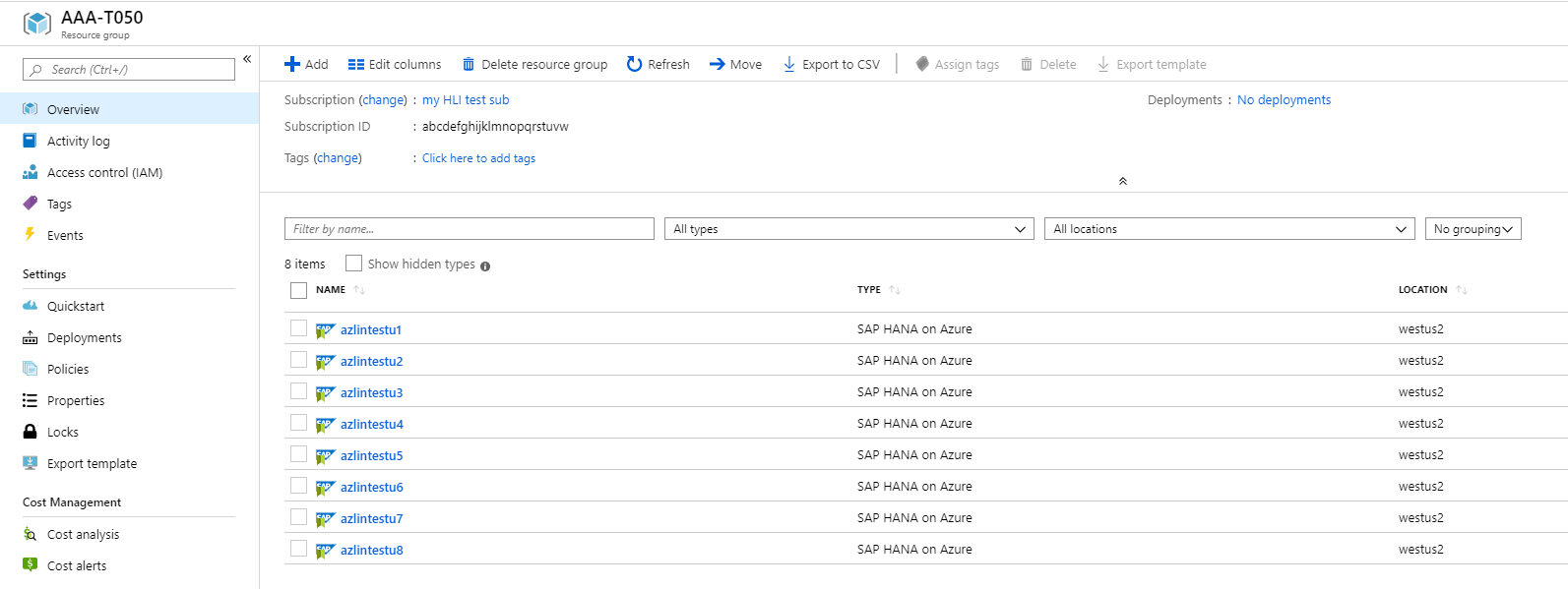 Seznam HLI na webu Azure Portal