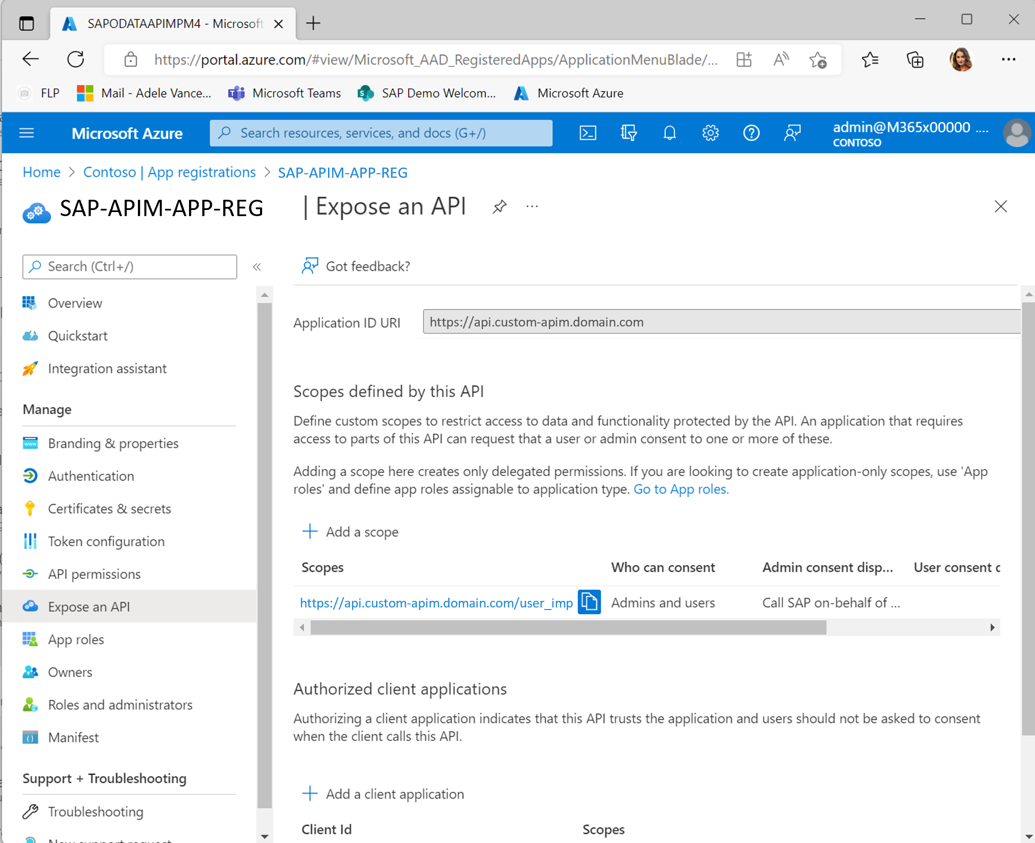 Snímek obrazovky znázorňující registraci aplikace pro Azure API Management v Microsoft Entra ID