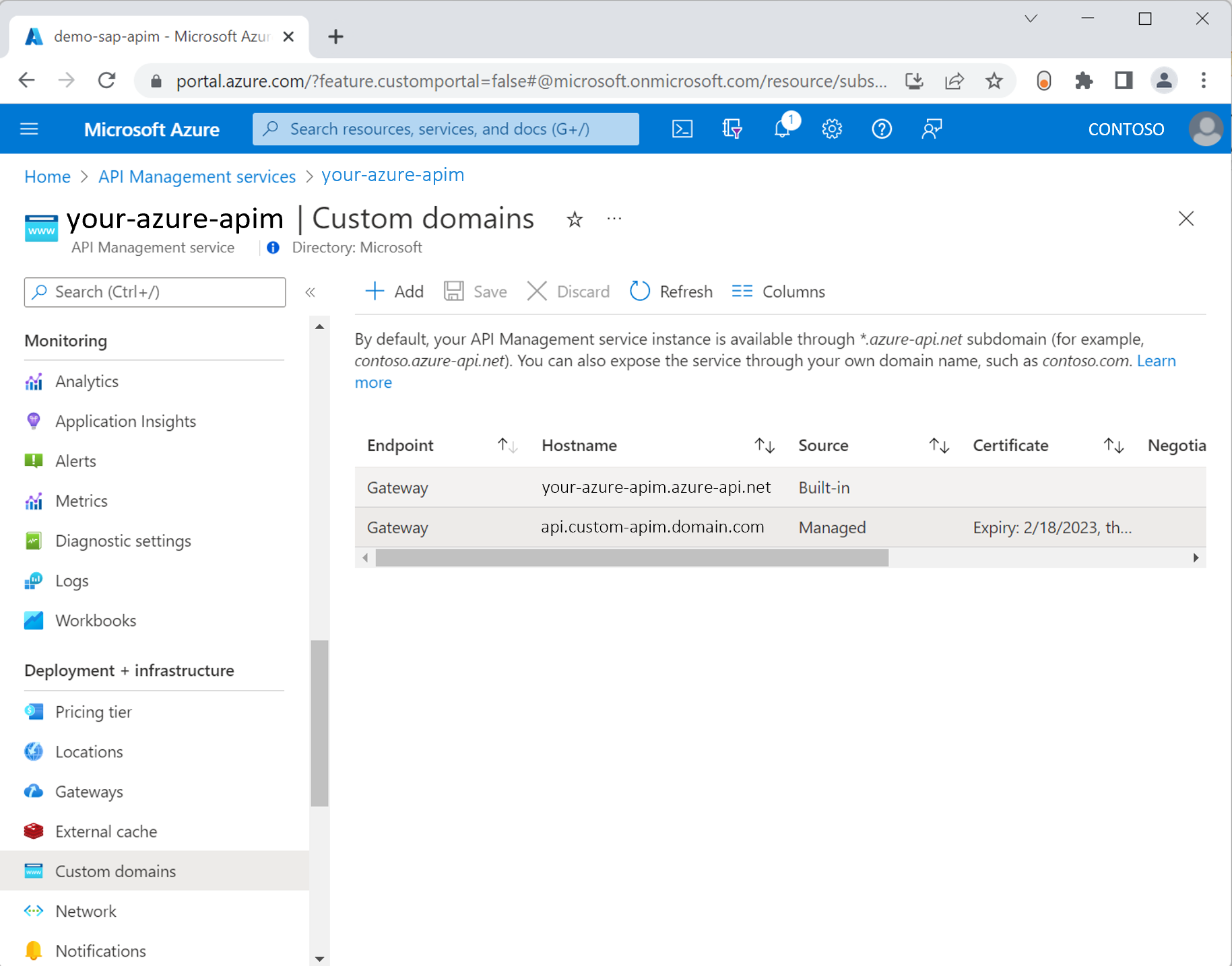 Snímek obrazovky znázorňující konfiguraci vlastní domény ve službě Azure API Management