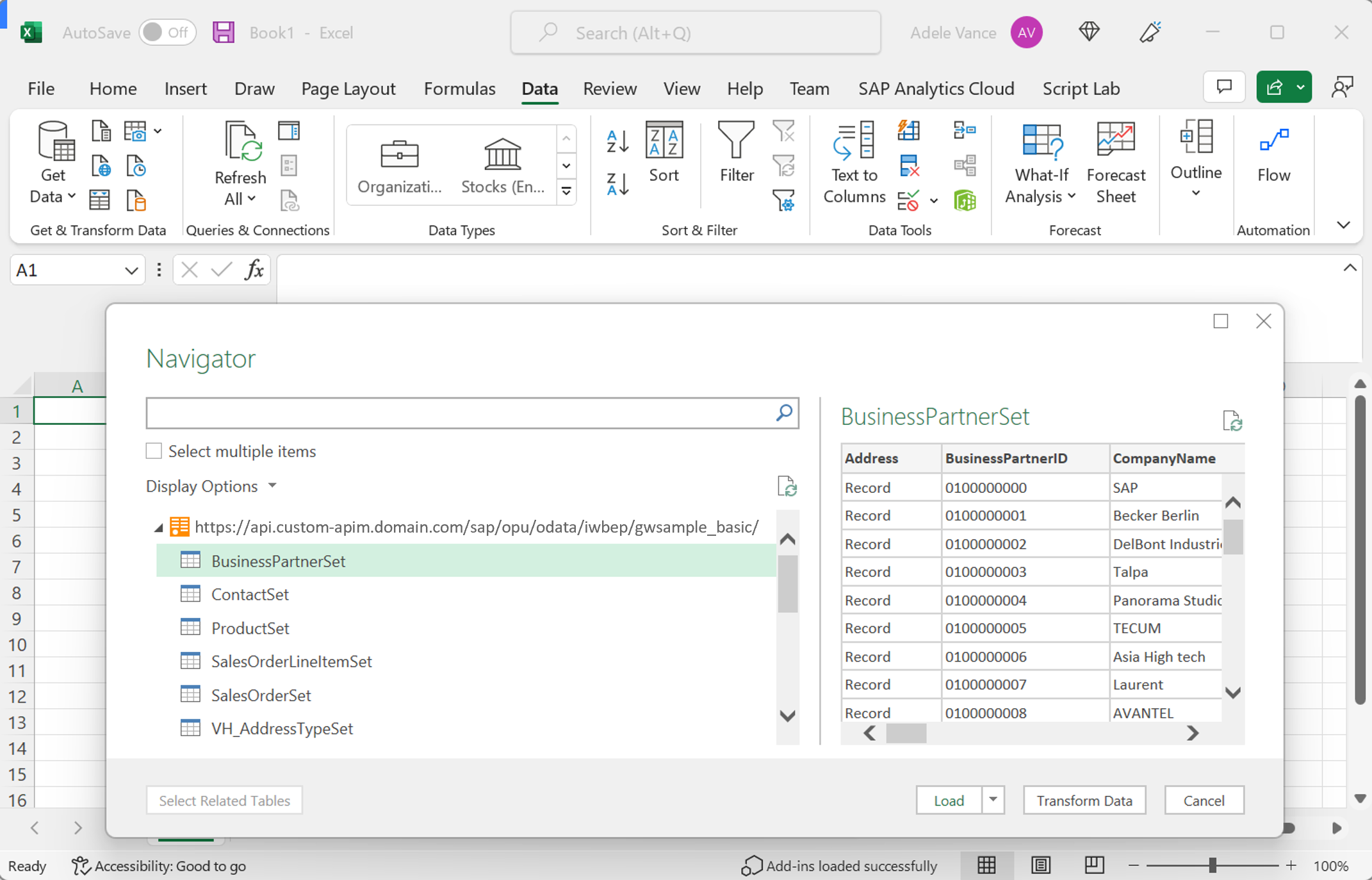 Snímek obrazovky znázorňující odpověď OData v desktopové aplikaci Excel