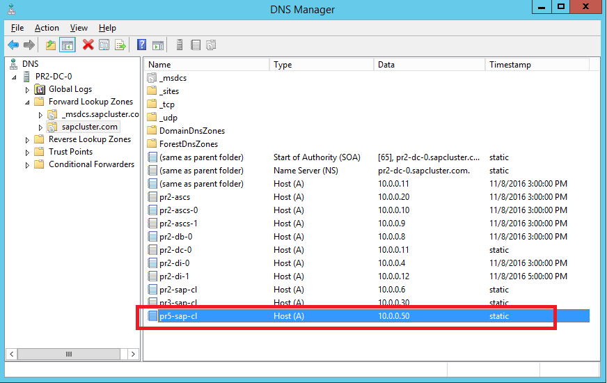 Seznam Správce DNS se zvýrazněním definované položky DNS pro nový virtuální název clusteru SAP ASCS/SCS a ADRESU TCP/IP