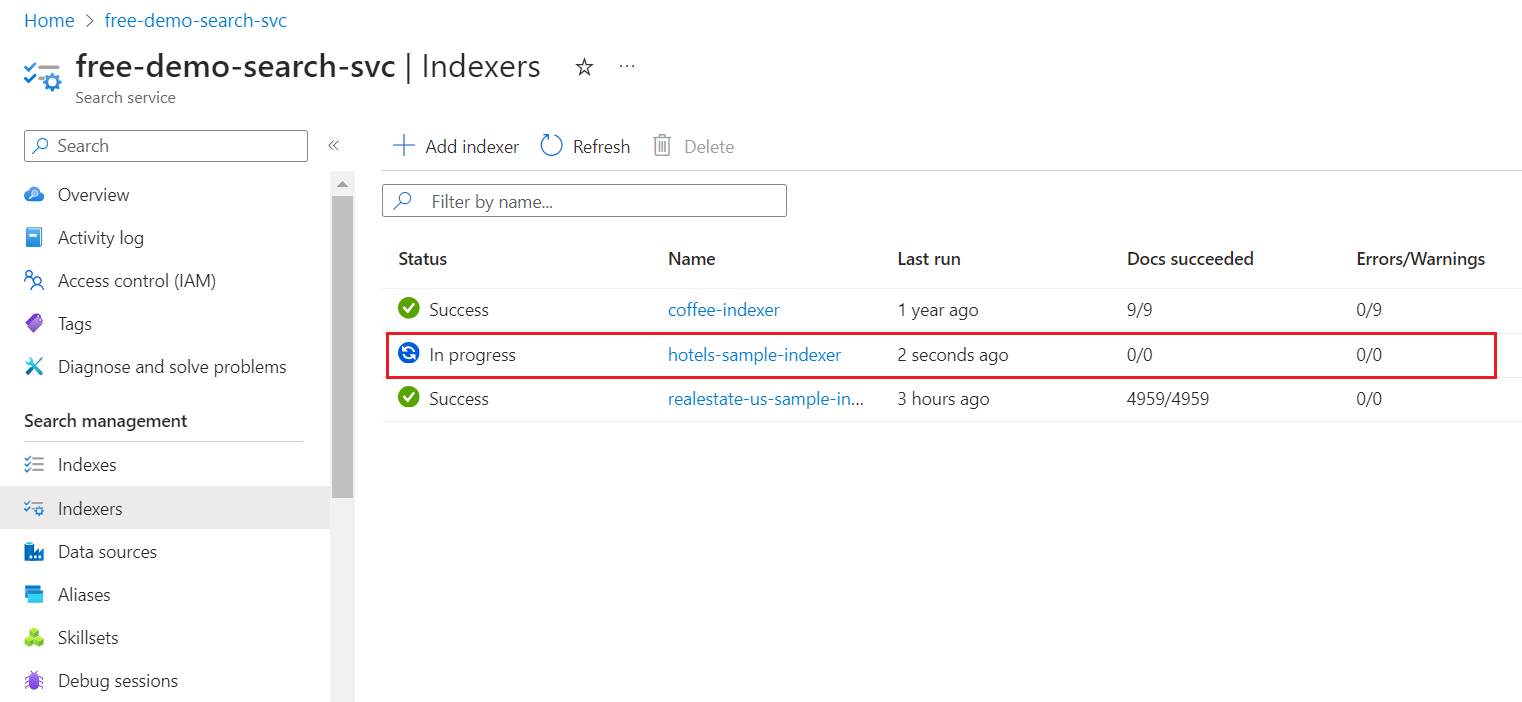 Snímek obrazovky znázorňující vytvoření probíhajícího indexeru na webu Azure Portal