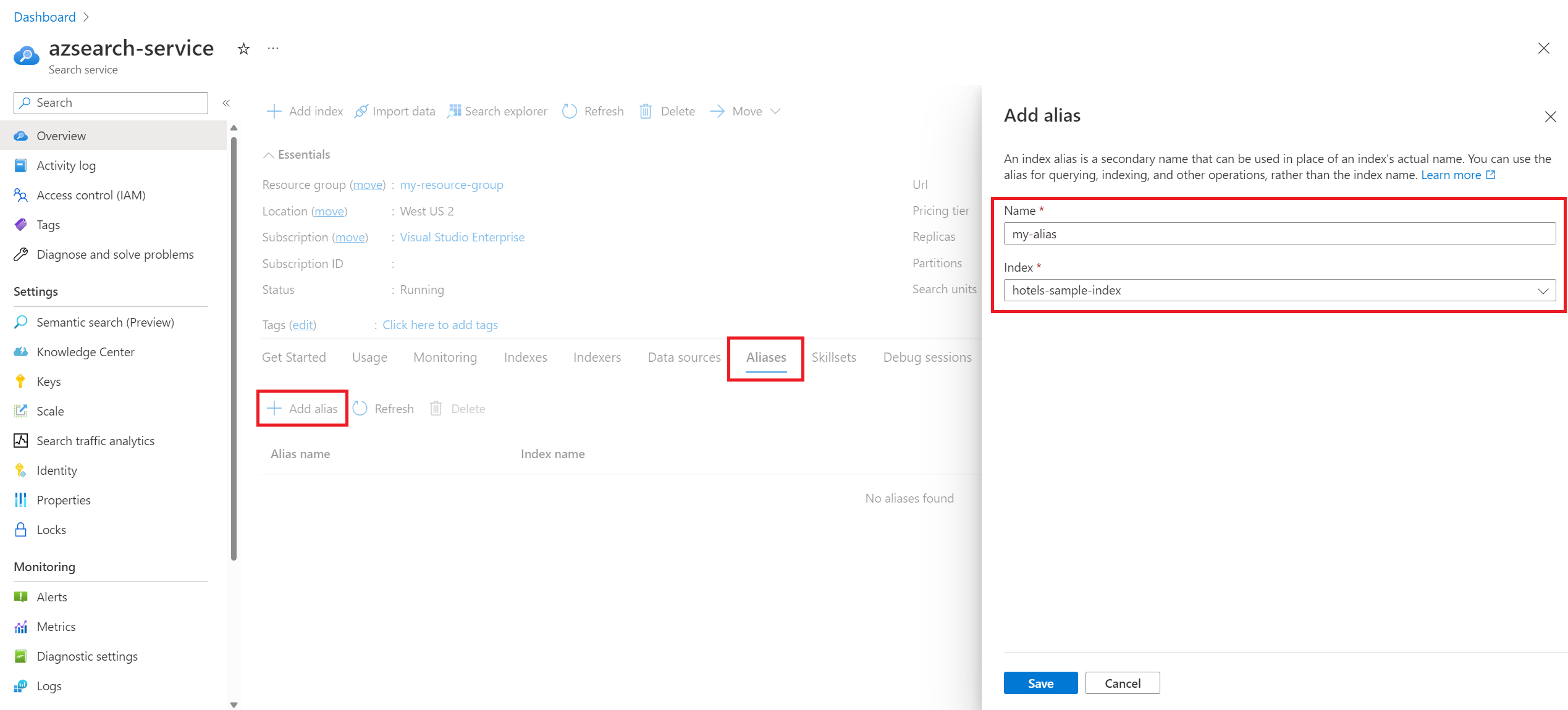 Snímek obrazovky s vytvářením aliasu na webu Azure Portal