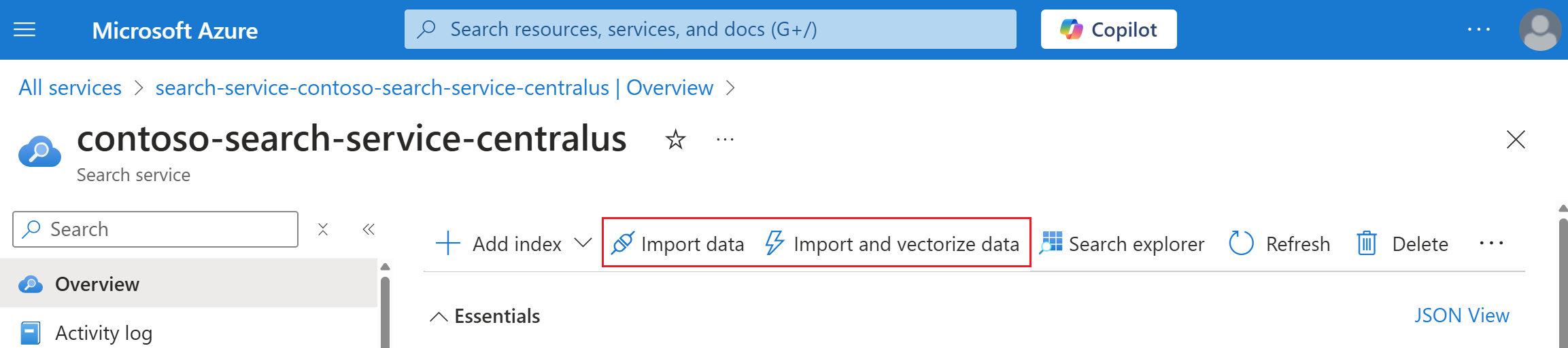 Snímek obrazovky, který ukazuje, jak otevřít průvodce importem dat na webu Azure Portal