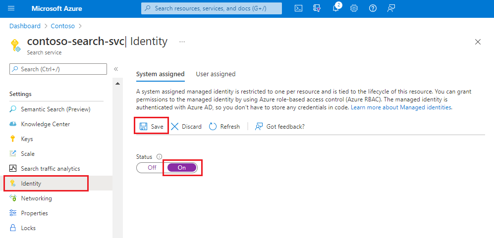 Snímek obrazovky se stránkou Identita na webu Azure Portal