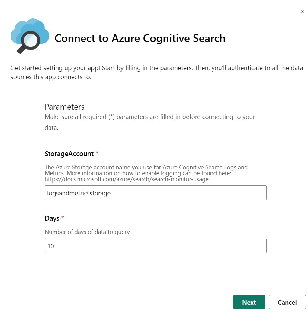 Snímek obrazovky znázorňující, jak zadat název účtu úložiště a počet dnů pro dotazování na stránce Připojit ke službě Azure Cognitive Search