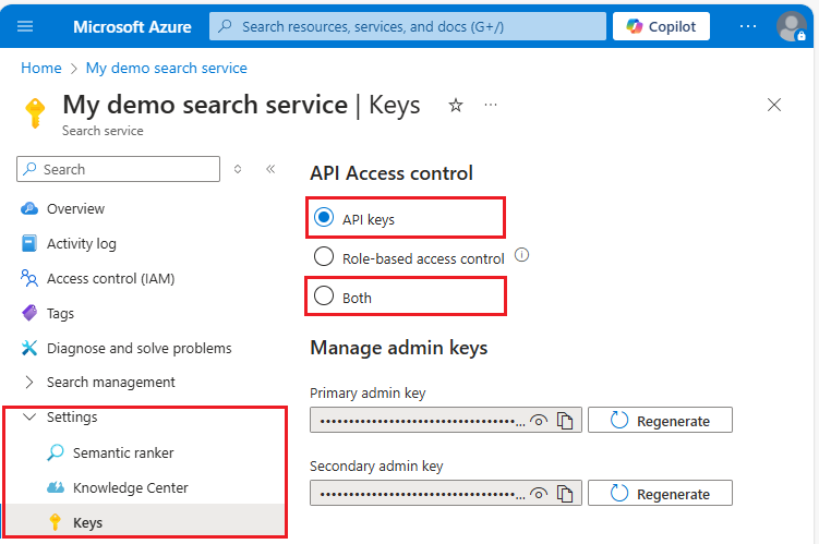 Snímek obrazovky se stránkou Klíče na webu Azure Portal