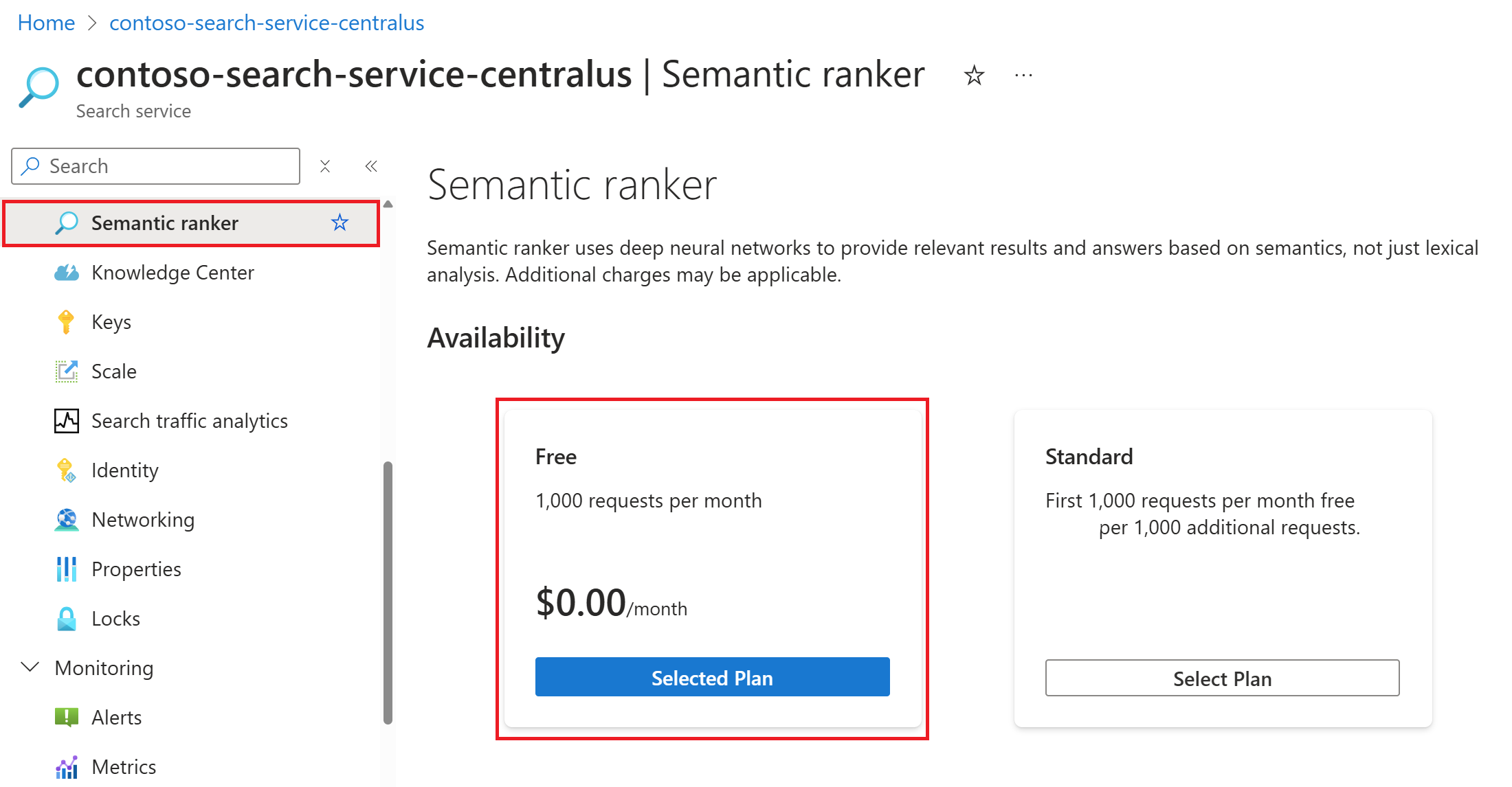 Snímek obrazovky s povolením sémantického řazení na webu Azure Portal