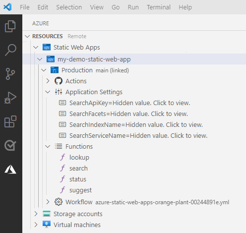 Snímek obrazovky editoru Visual Studio Code zobrazující průzkumníka Azure Static Web Apps s novým nastavením aplikace