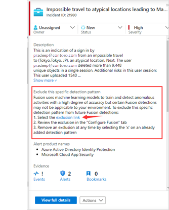 Snímek obrazovky s incidentem fusion Vyberte odkaz pro vyloučení.