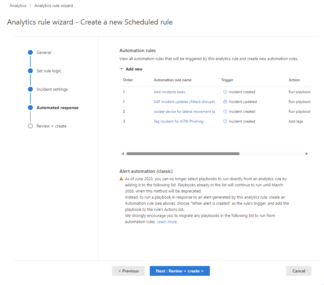 Snímek obrazovky s automatickou odezvou průvodce analytickým pravidlem na portálu Defender