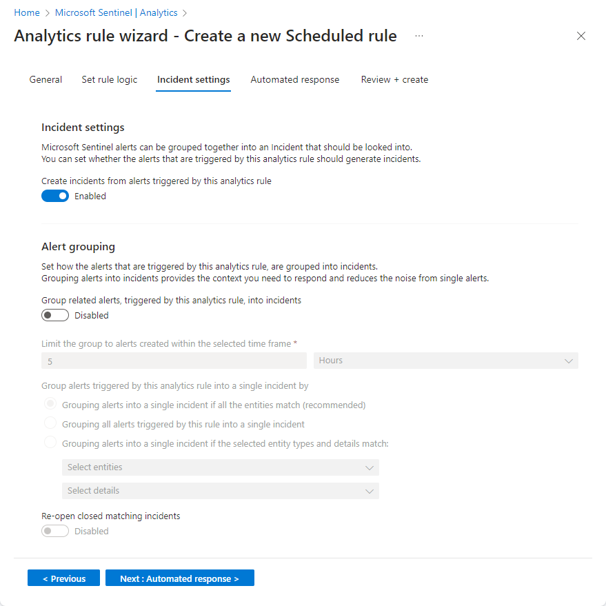 Snímek obrazovky nastavení incidentu s průvodcem analytickým pravidlem na webu Azure Portal