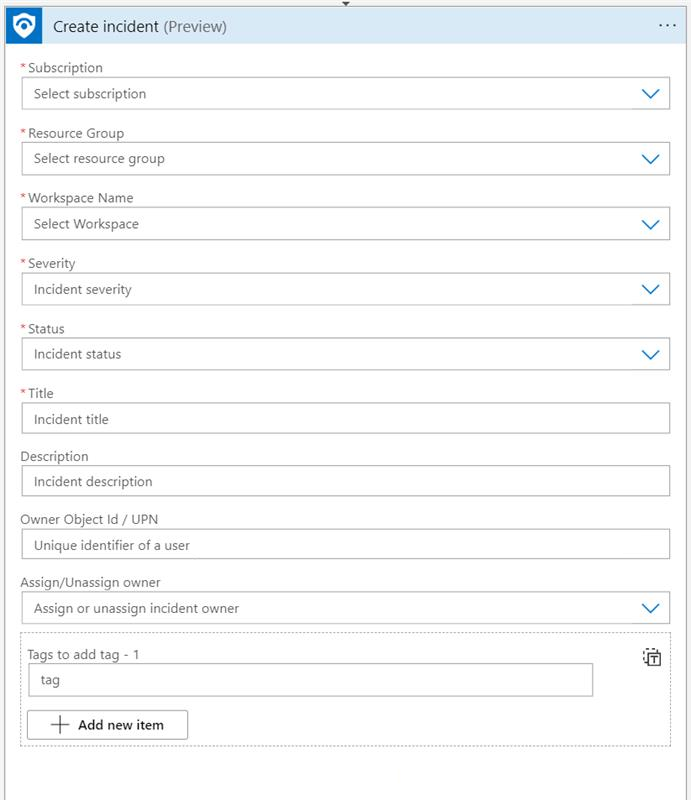 Snímek obrazovky s parametry akce vytvoření incidentu v konektoru Microsoft Sentinelu