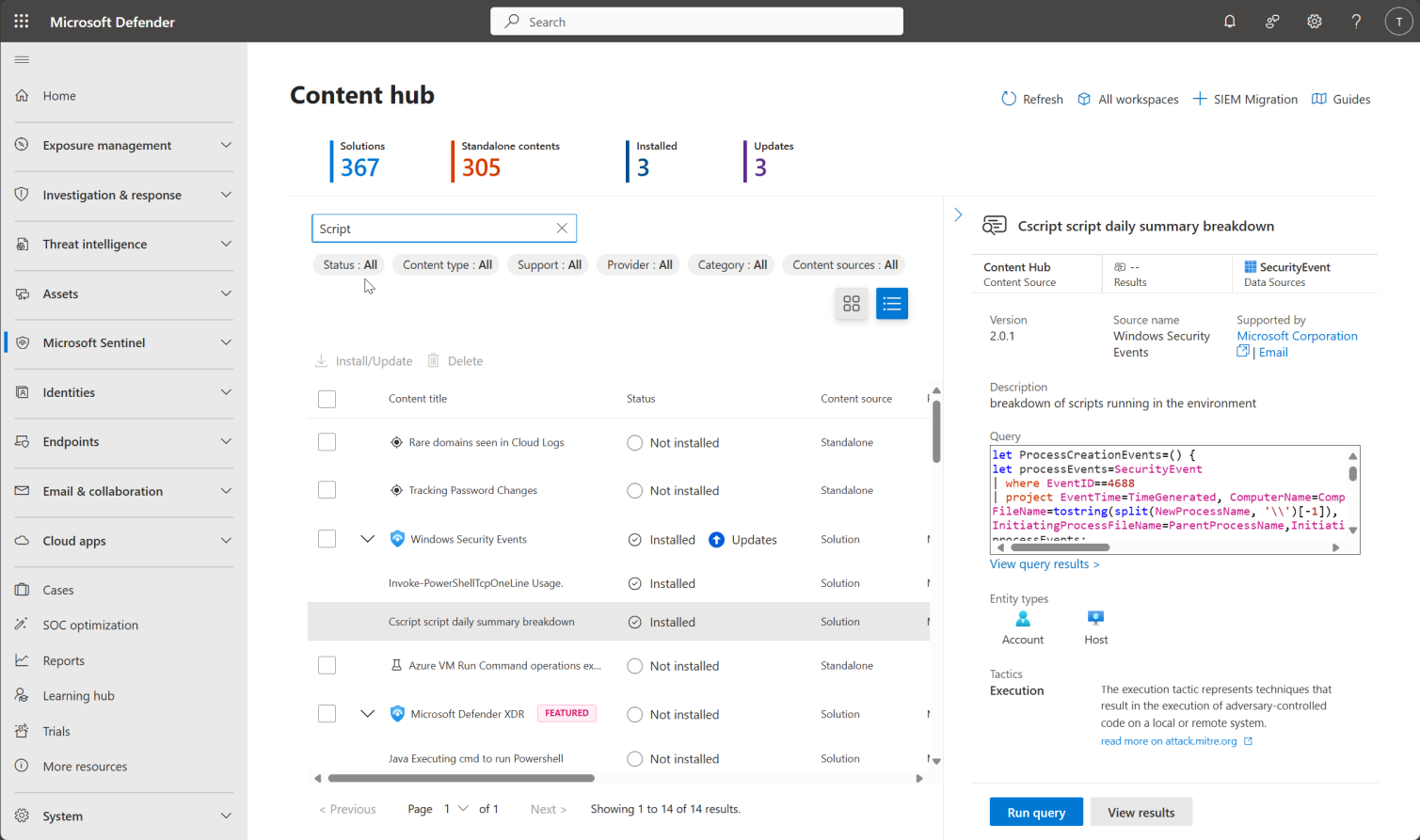 Snímek obrazovky centra obsahu Microsoft Sentinelu na portálu Defender