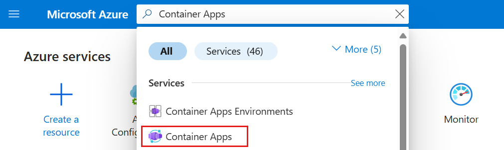 Snímek obrazovky webu Azure Portal s výběrem možnosti Container Apps