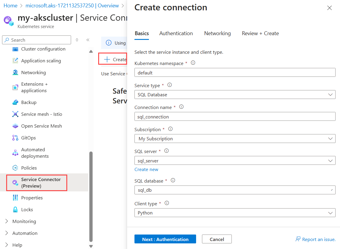 Snímek obrazovky webu Azure Portal zobrazující formulář pro vytvoření nového připojení k databázi SQL v AKS