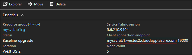 Okno přehledu Service Fabric na webu Azure Portal