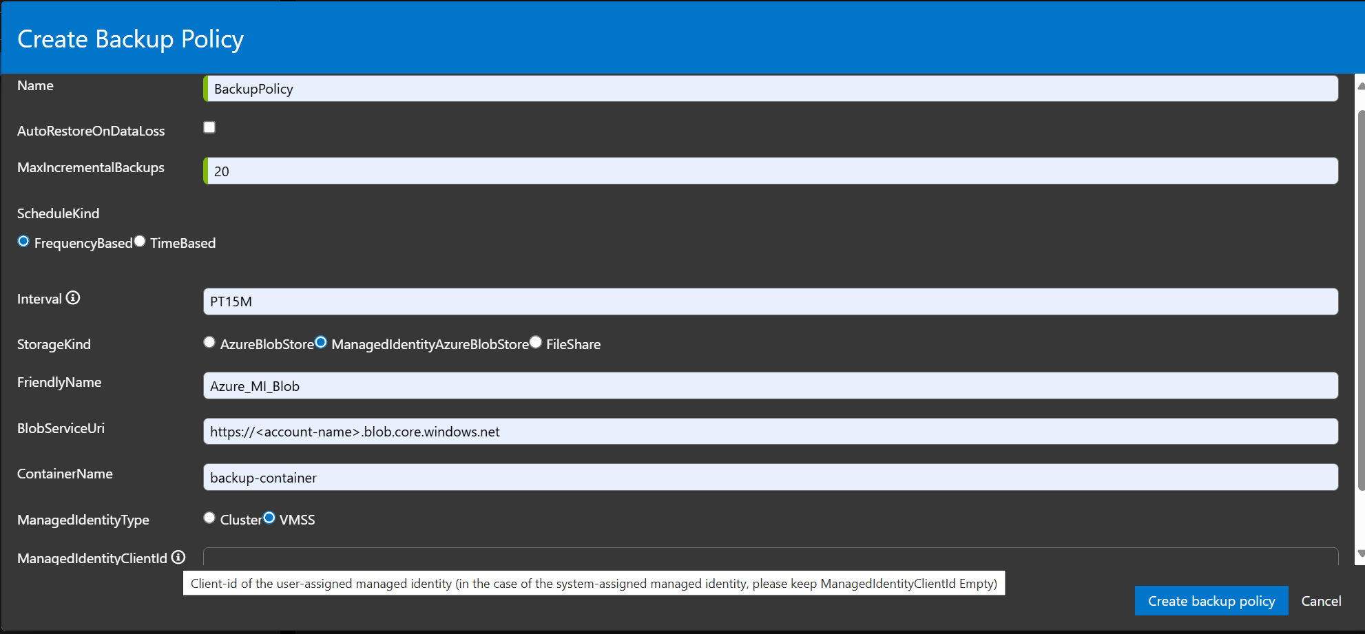 Vytvoření služby Azure Blob Storage spravované identitou zásad zálohování