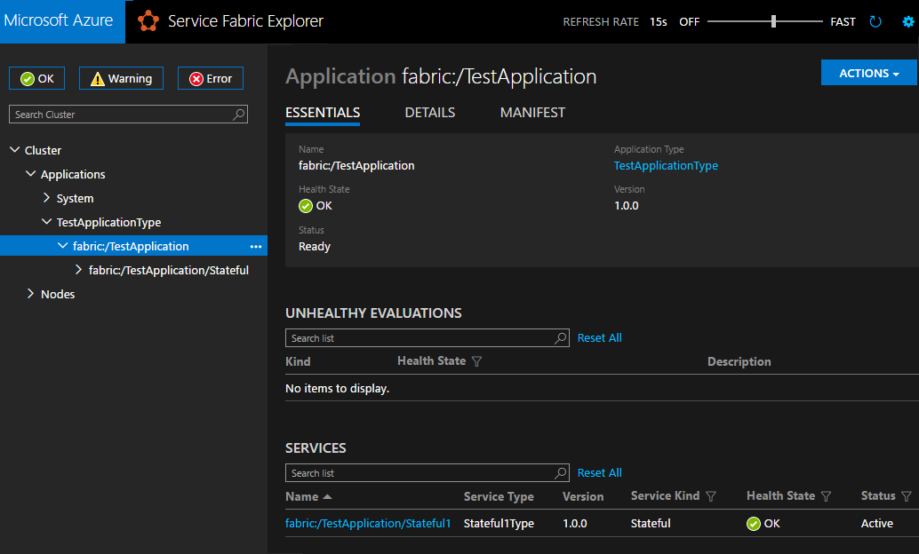 Aplikace v pořádku v Service Fabric Exploreru