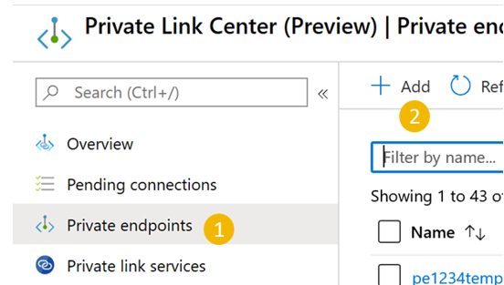 Ukazuje vytvoření privátního koncového bodu v Centru služby Private Link.