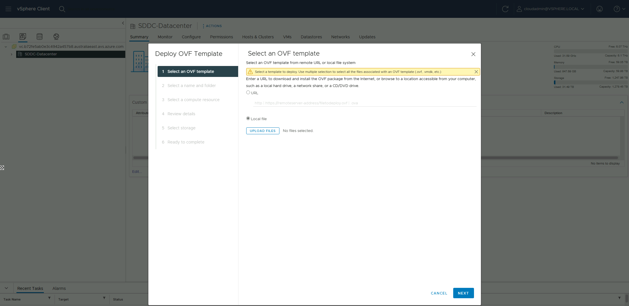 Screenshot of the first page of the wizard for deploying an OVF template in the VMware vSphere client.