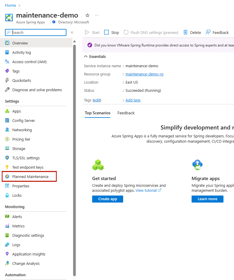 Snímek obrazovky webu Azure Portal se zvýrazněným bočním panelem Azure Spring Apps se zvýrazněnou možností Plánovaná údržba