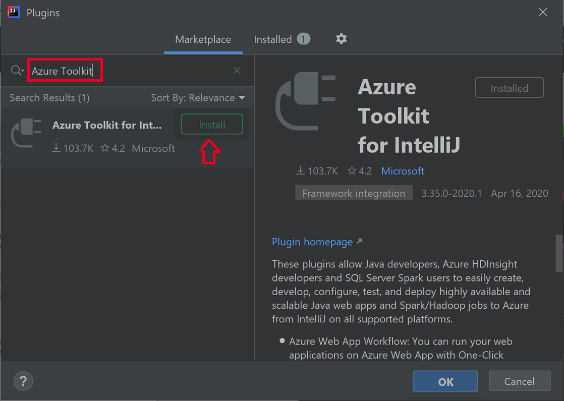 Snímek obrazovky s dialogovým oknem Moduly plug-in IntelliJ IDEA se zvýrazněným tlačítkem Nainstalovat