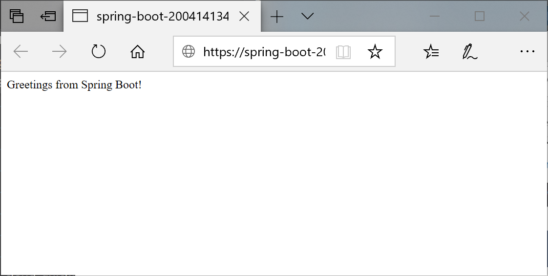 Snímek obrazovky aplikace spuštěné v prohlížeči zobrazující zprávu Greetings from Spring Boot