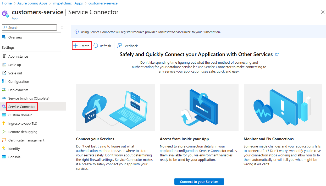 Snímek obrazovky webu Azure Portal, v instanci Azure Spring Apps, vytvořte připojení s konektorem Service Connector.