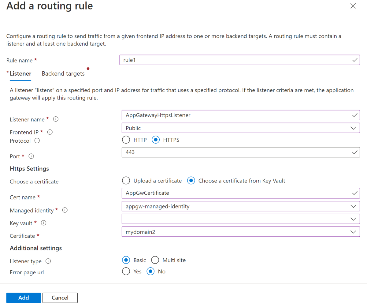 Snímek obrazovky webu Azure Portal s stránkou Přidat pravidlo směrování