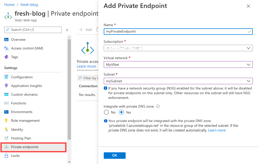 Snímek obrazovky s dialogovým oknem Přidat privátní koncový bod na webu Azure Portal