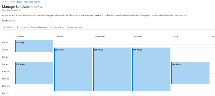 Snímek obrazovky s dialogovým oknem webu Azure Portal zobrazující kalendář podobný Outlooku s časovými omezeními šířky pásma