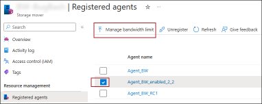 Snímek obrazovky webu Azure Portal s oknem registrovaných agentů, který nejprve vybere agenta, a pak vyberete příkaz Správa šířky pásma.