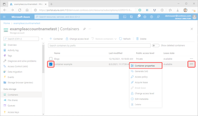 Screenshot showing how to display container properties within the Azure portal.