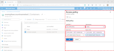 Screenshot showing how to create a stored access policy within the Azure portal.