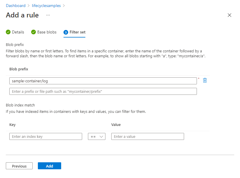 Stránka nastavení filtru správy životního cyklu na webu Azure Portal