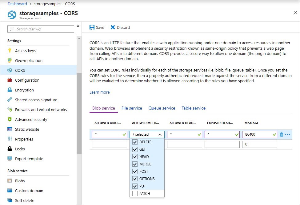 Nastavení CORS pro účet služby Azure Blob Storage